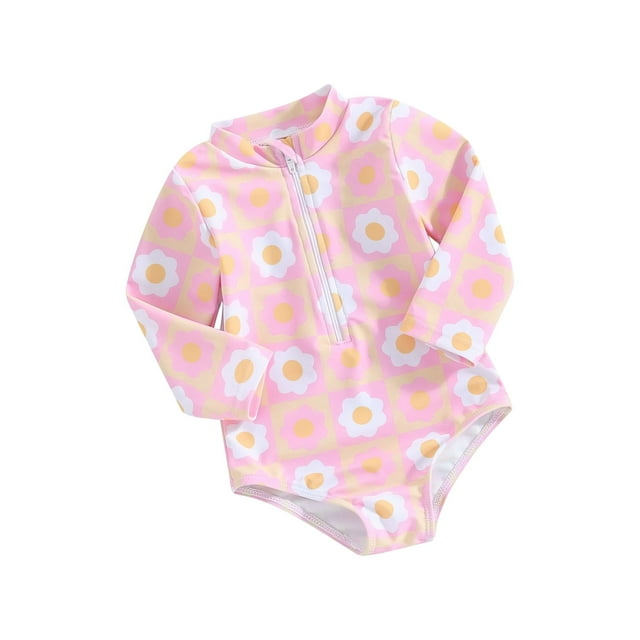 ELF Baby Girl Swimsuit Long Sleeve Round Neck Flower Print Zip Up