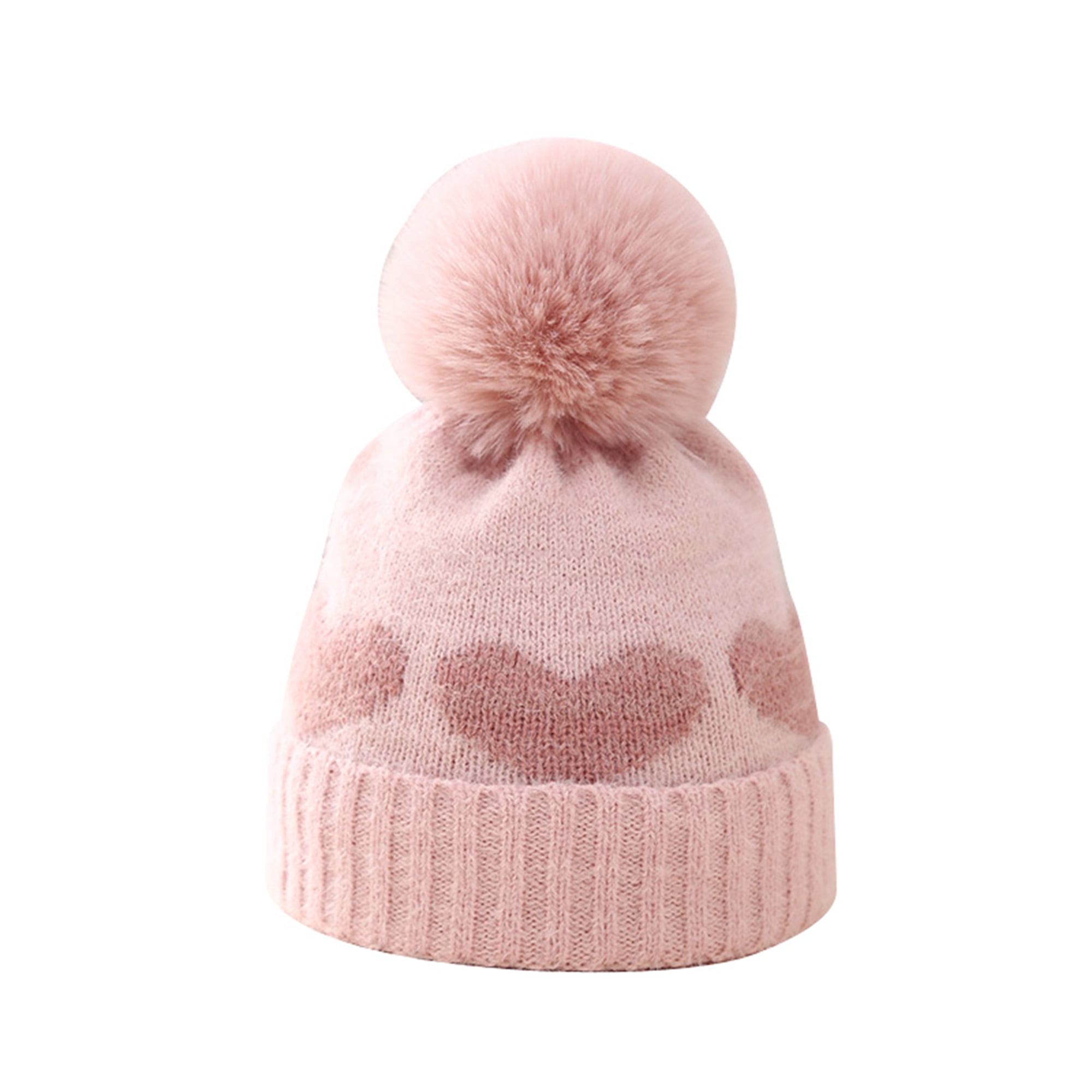 ELF Baby Girl Winter Hat Cute Heart Pattern Plush Pom Knit Beanie Warm