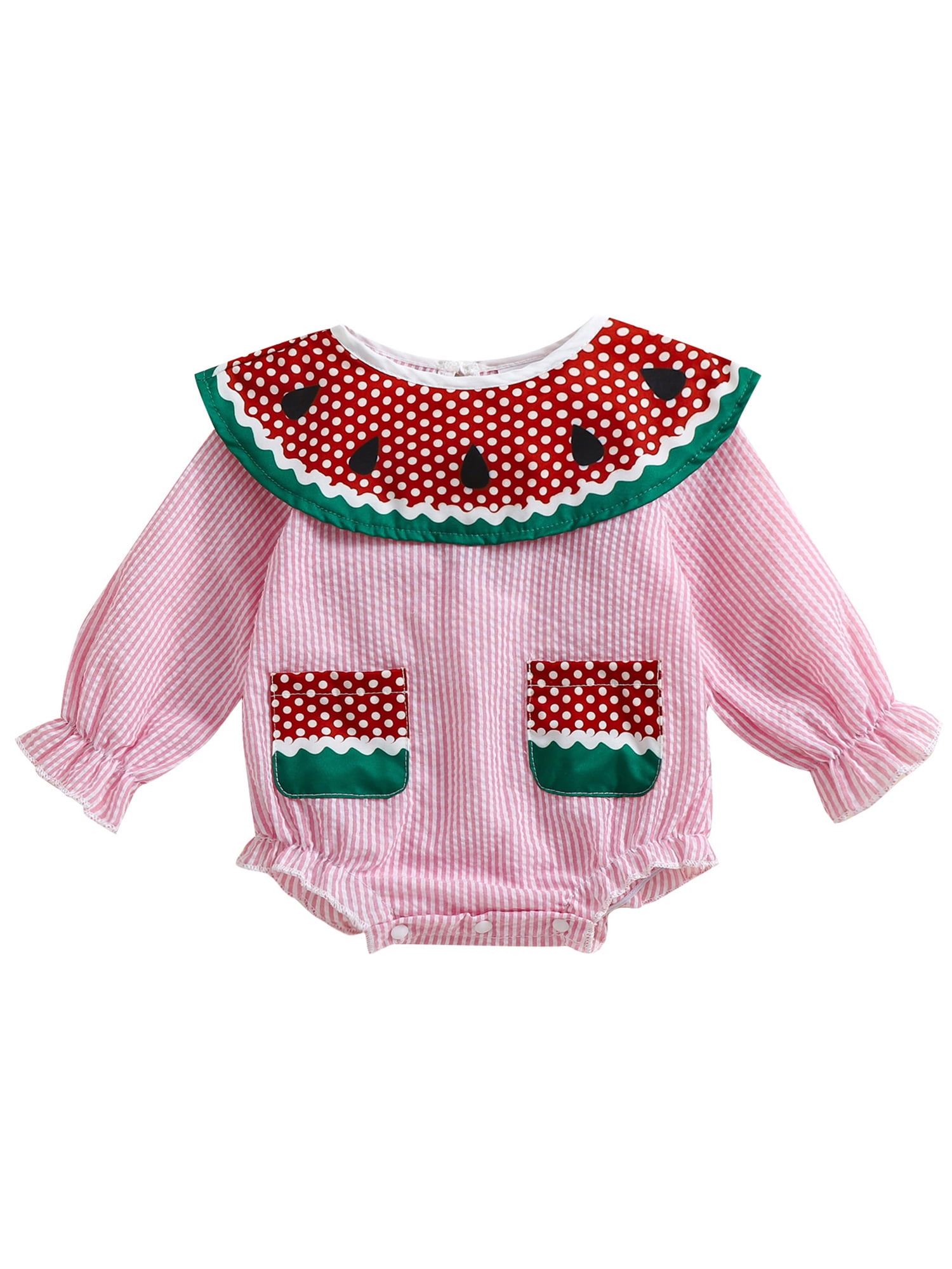 ELF Baby Girls Rompers Watermelon Shaped Stripe Print Doll Collar Long