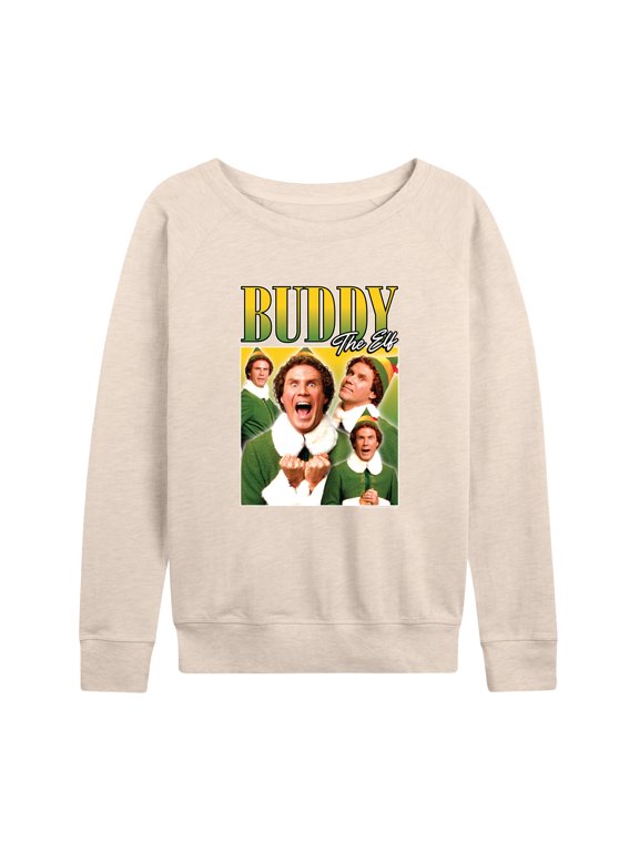 - Christmas Buddy the Elf Women's Lightweight French Terry Wide Neck Long Sleeve Graphic Shirt