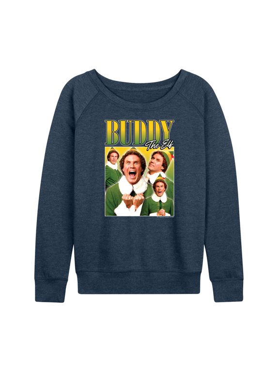 - Christmas Buddy the Elf Women's Lightweight French Terry Wide Neck Long Sleeve Graphic Shirt