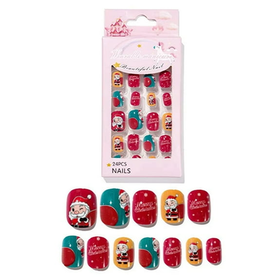 ELF Christmas Artificial Nails Set Cute Natural False Nail Full Cover Nail Tips with Adhesive Backing for Women Manicure Kit