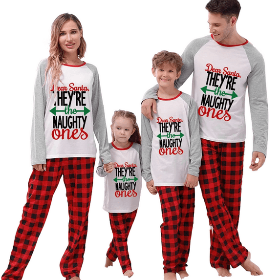 ELF Christmas Pajamas for Family Long Sleeve Arrow Letter Print Tops + Plaid Pants Set Sleepwear