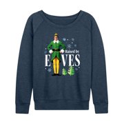 ELF - Christmas Raised By Elves Women's Lightweight French Terry Wide Neck Long Sleeve Graphic Shirt