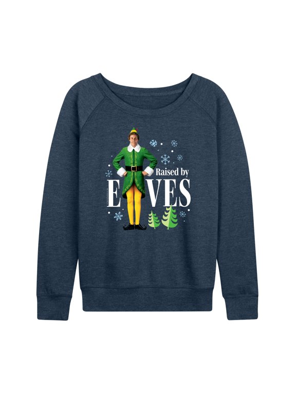 - Christmas Raised By Elves Women's Lightweight French Terry Wide Neck Long Sleeve Graphic Shirt