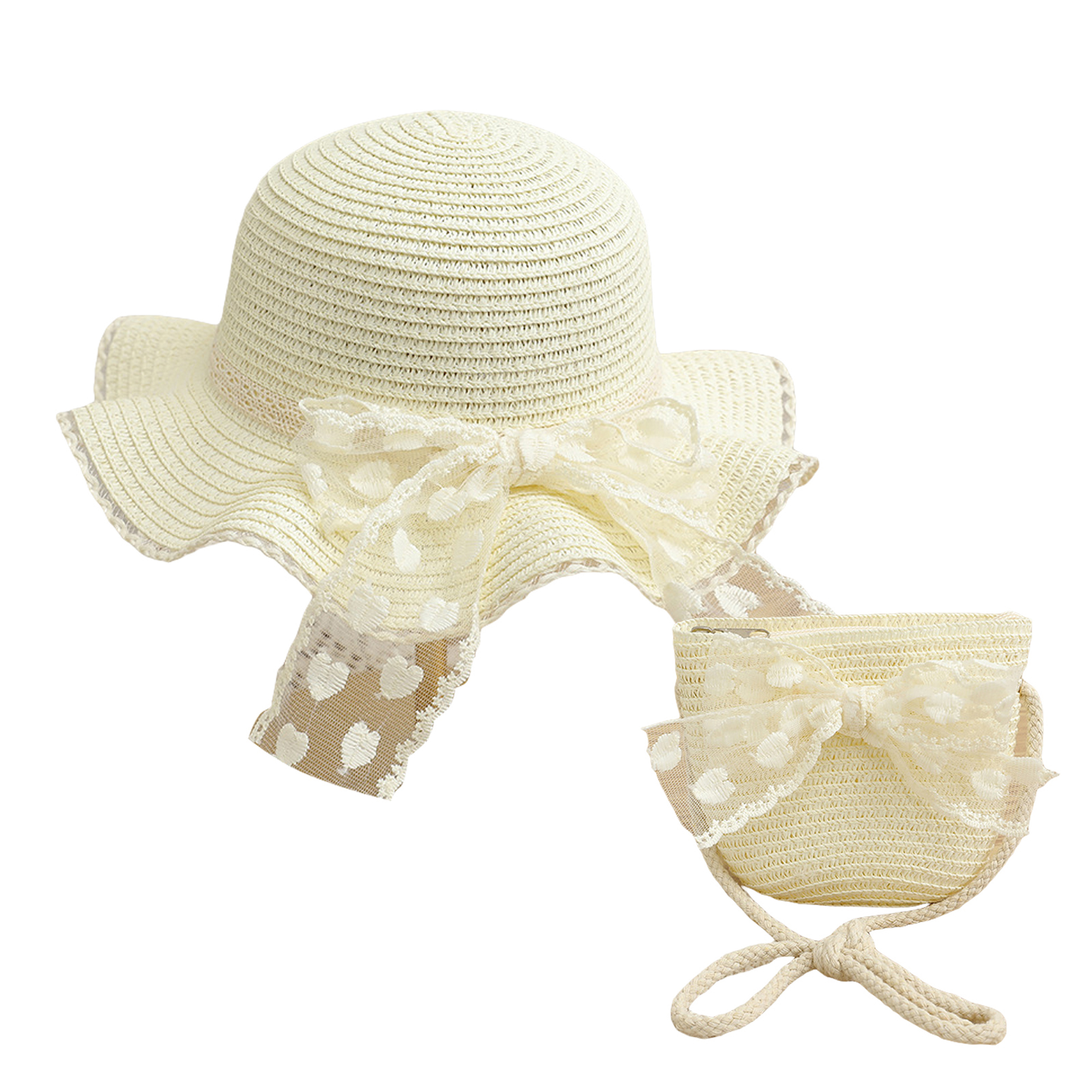 ELF Girl Summer Straw Hat and Bag Set Lace Bow Wide Brim Cap with