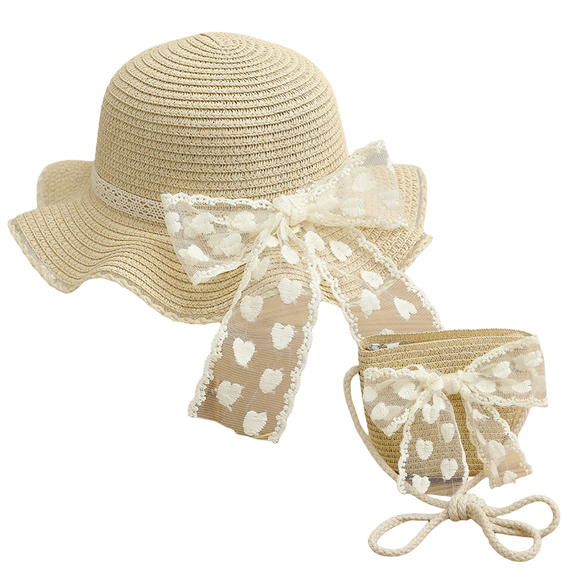 ELF Girl Summer Straw Hat and Bag Set Lace Bow Wide Brim Cap with