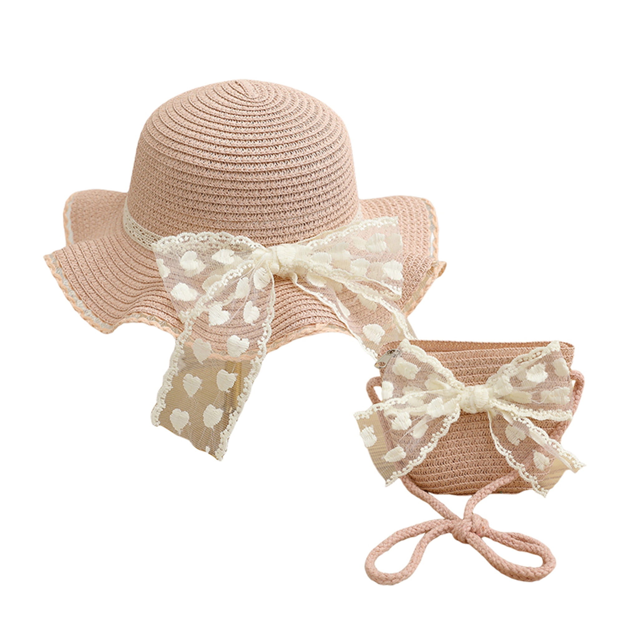 ELF Girl Summer Straw Hat and Bag Set Lace Bow Wide Brim Cap with