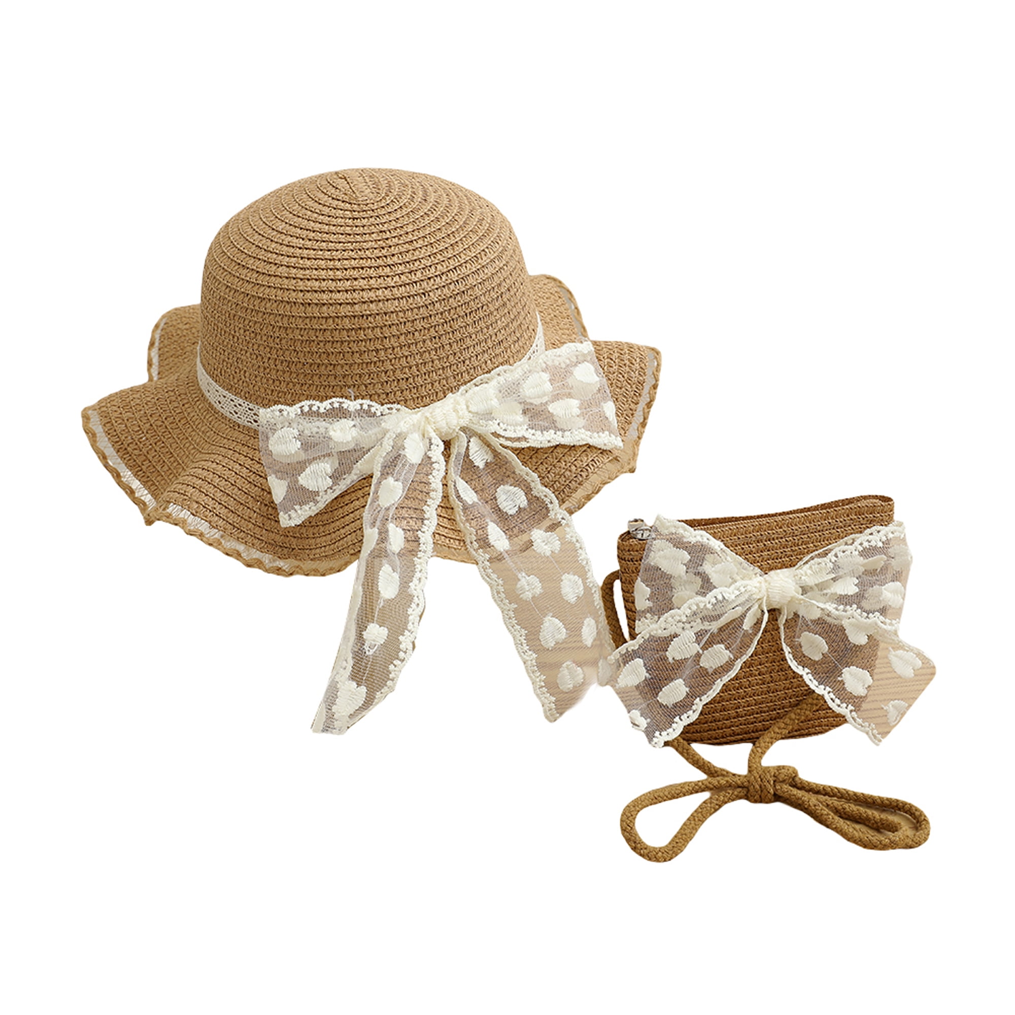ELF Girl Summer Straw Hat and Bag Set Lace Bow Wide Brim Cap with