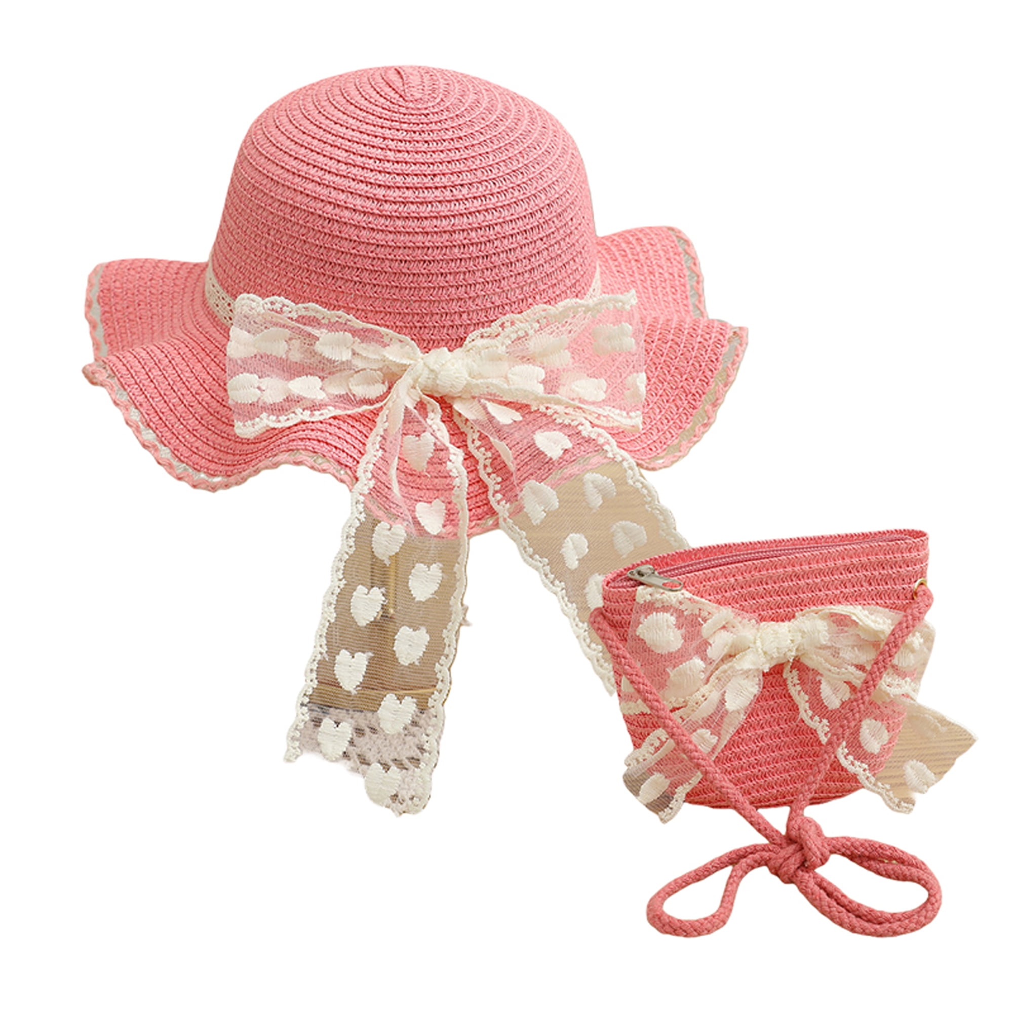 ELF Girl Summer Straw Hat and Bag Set Lace Bow Wide Brim Cap with