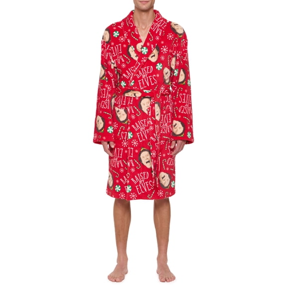 ELF Men's Red Plush Robe with Belt and Pockets, Sleepwear