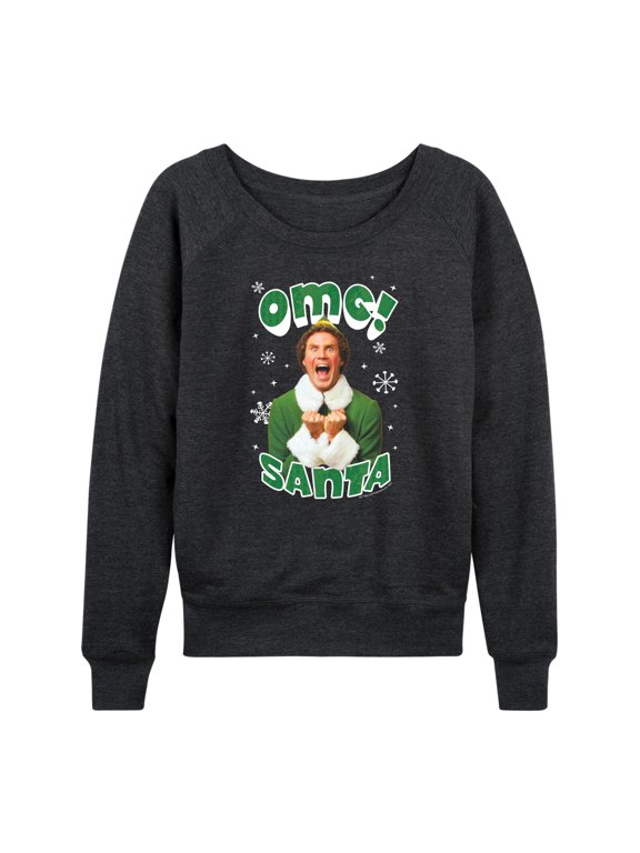 - Buddy OMG Santa Women's Lightweight French Terry Wide Neck Long Sleeve Graphic Shirt
