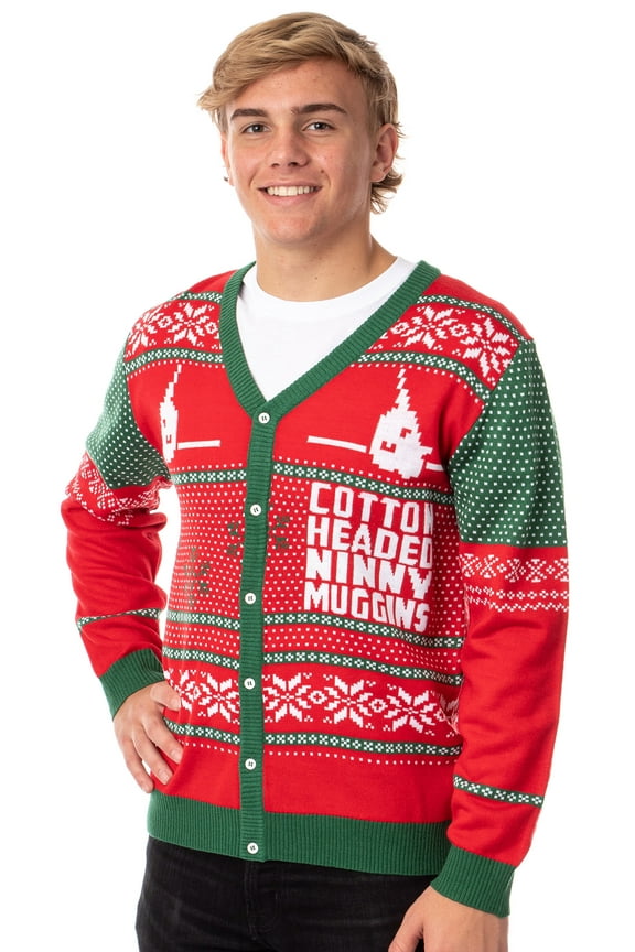 ELF The Movie Men's Cotton Headed Ninny Muggins Button-Down Ugly Christmas Sweater