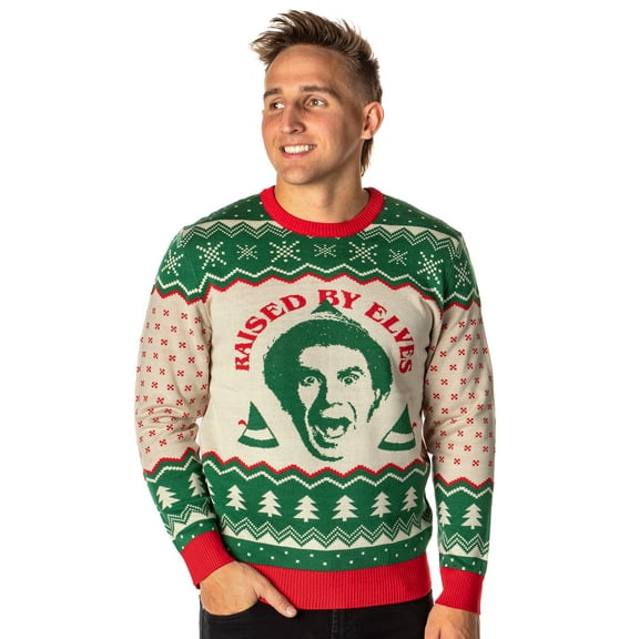 ELF The Movie Men's Raised By Elves Ugly Christmas Sweater Knit Pullover
