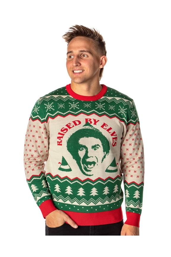 ELF The Movie Men's Raised By Elves Ugly Christmas Sweater Knit Pullover