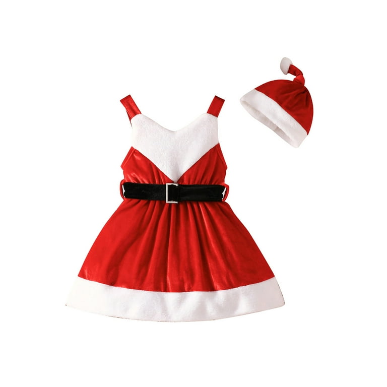 ELF Toddler Girls 2 Piece Christmas Outfits Contrast Color Velvet Dress and Santa Hat for Party Baby Girls Cute Clothes