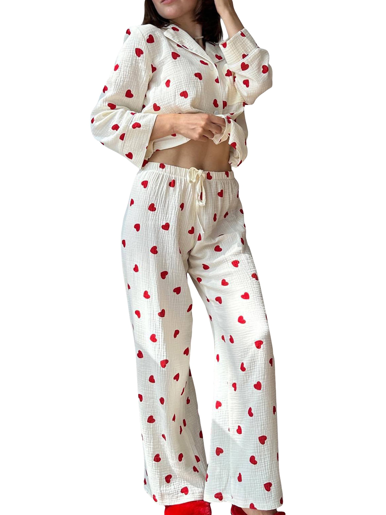 Elf Women 2 Pcs Valentines Day Pajama Set Heart Print Long Sleeves