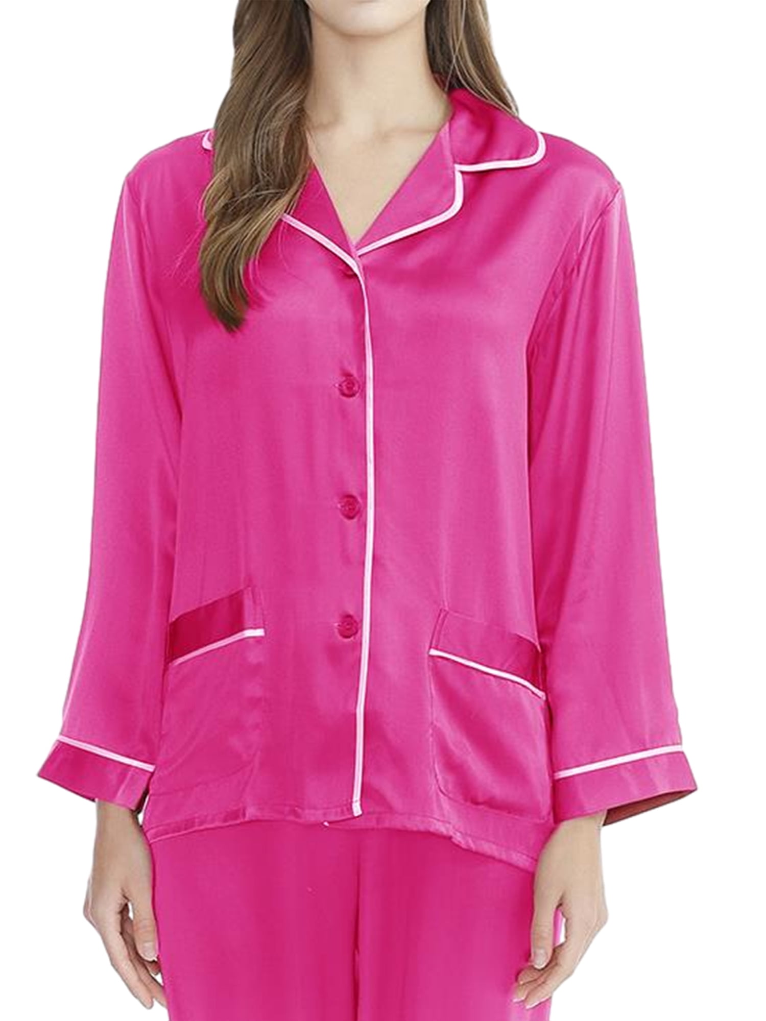 ELF Women 2 Piece Pajama Set Satin Long Sleeve Shirt and Solid Color