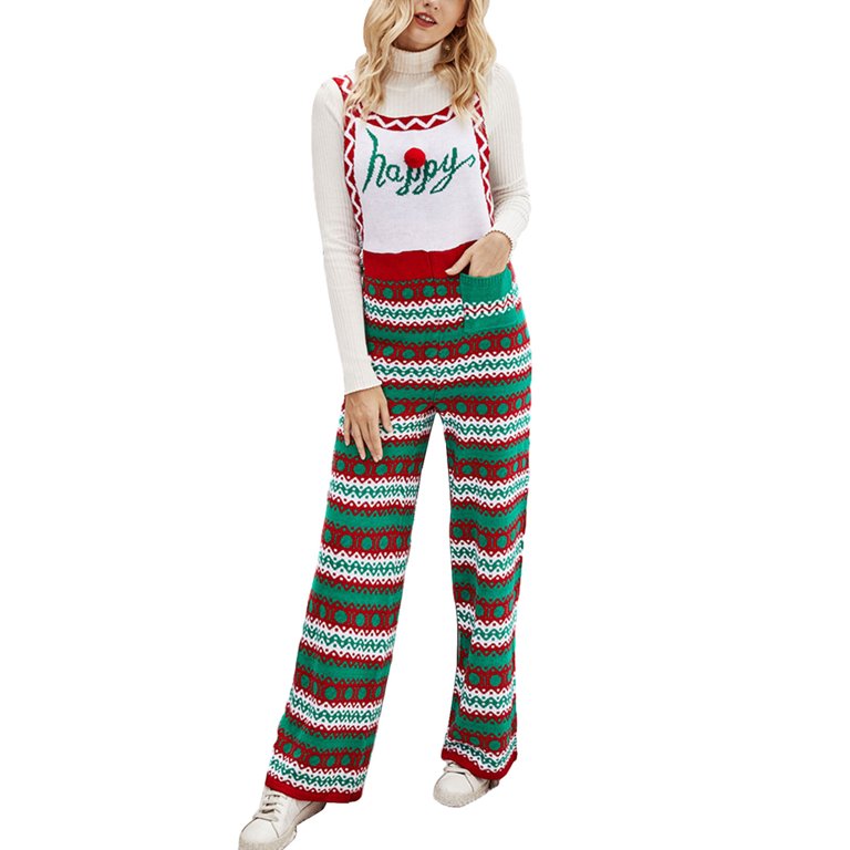 ELF Women Christmas Bib Overalls Snowflake Print Loose Straight Leg  Jumpsuit Knitted Romper Pants with Pockets