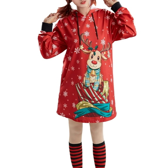 ELF Women Christmas Hoodies Dress Deer/Snowman Print Drawstring Hooded Long Sleeve Sweatshirts Dress Fall Mini Dress