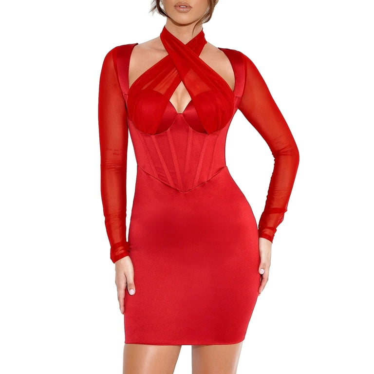 ELF Women Evening Party Dress Solid Color Cross Halter Neck Hollow Out Long Sleeve Bodycon Dress Cocktail Mini Dress Walmart