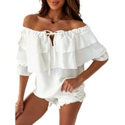 ELF Women Summer Wild Shirts,Solid Color Off-Shoulder Half Sleeve Chiffon Blouses Casual Ruffles Tie-Up Tops