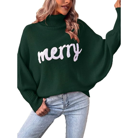 ELF Women's Christmas Sweaters Long Sleeve Turtleneck Letter Embroidery Pullover Casual Knit Tops