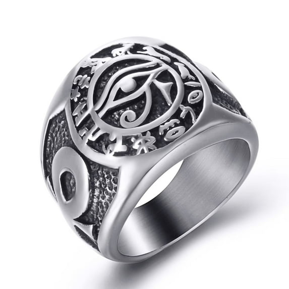 ELFASIO Men Stainless Steel Rings Egyptian Eye of Horus Cross of Life Ankh Hieroglyphics Text Symbol Vintage Jewelry size 13