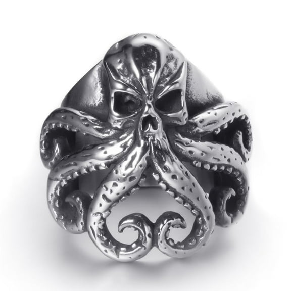 ELFASIO Stainless Steel Octopus Ring for Men Tentacles Retro Gothic Punk Style Jewelry Silver Black Vintage Rings,Size 9