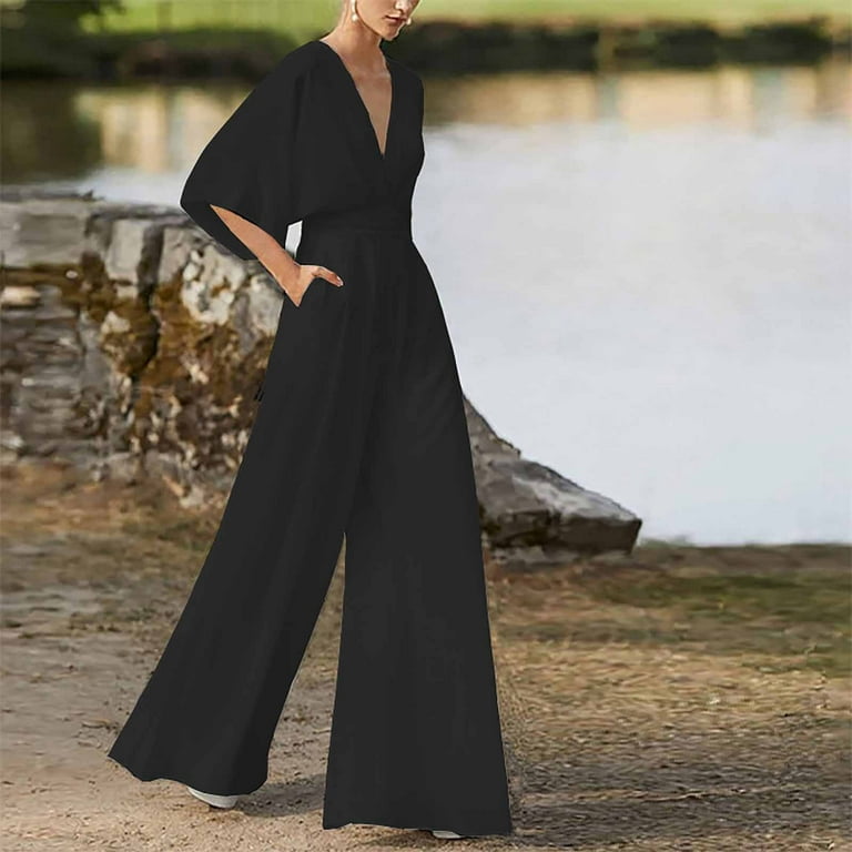 ELFINDEA Capri Pants for Women Banquet Dress Jumpsuit Sexy Hanging Neck  Trousers Black XL 
