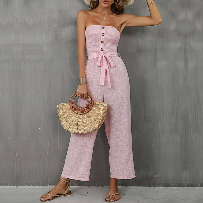 ELFINDEA Capri Pants for Women Fashion Floral Jumpsuit Sexy Strapless  Jumpsuit Pink S