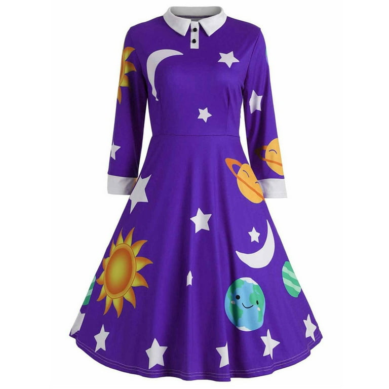 ELFINDEA Dresses for Women 2023 Plus Size Dresses Vintage Collar Planet Print A Line Flare Party Purple 5X
