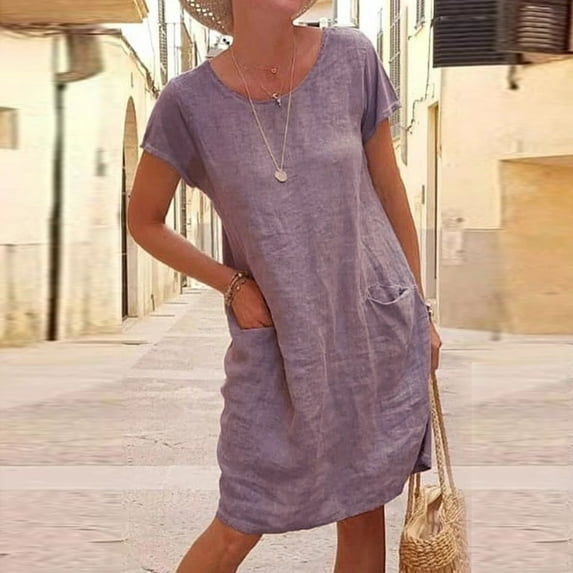 ELFINDEA Dresses for Women 2024 Plus Size Dresses Casual Solid Color Short-sleeve O-neck Stitching Loose Pocket Cotton Linen Beige 1X