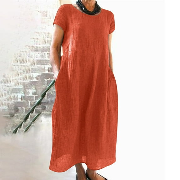 ELFINDEA Dresses for Women 2024 Plus Size Dresses Casual Solid Color Short-sleeve O-neck Stitching Loose Pocket Cotton Linen Orange 4X