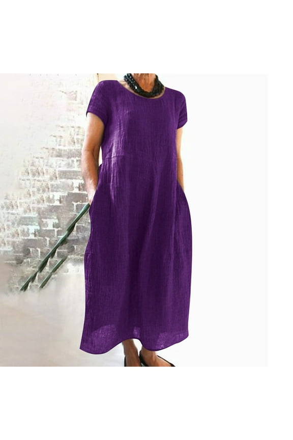 ELFINDEA Dresses for Women 2024 Plus Size Dresses Casual Solid Color Short-sleeve O-neck Stitching Loose Pocket Cotton Linen Purple 4X