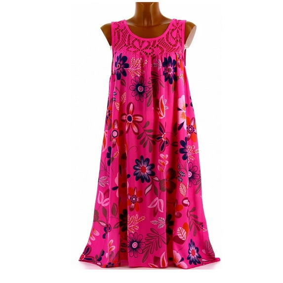 ELFINDEA Dresses for Women 2024 Plus Size Dresses Fashion Casual Vest Sleeveless Lace Print Tank Pleated Swing Pink 2X