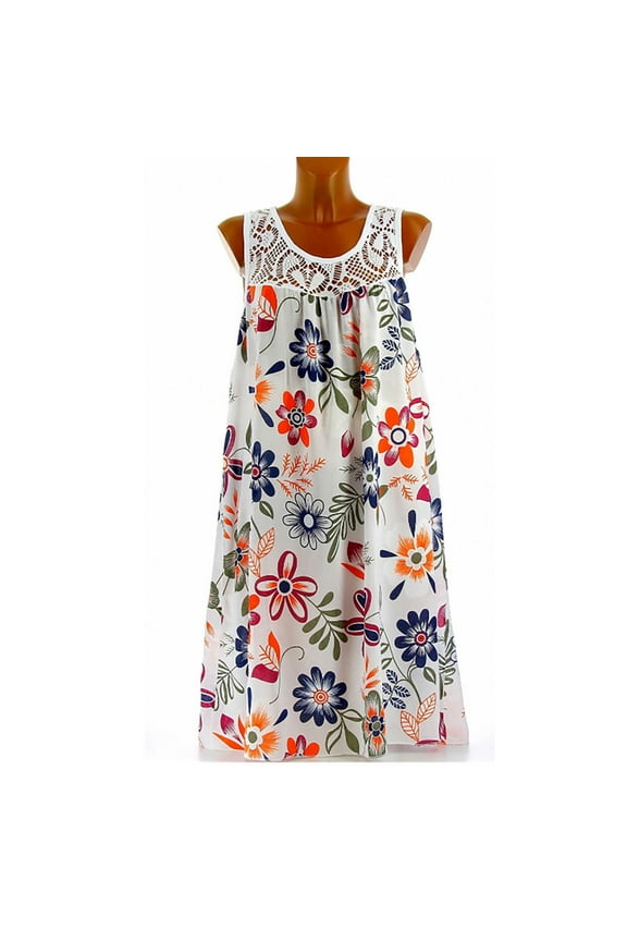 ELFINDEA Dresses for Women 2024 Plus Size Dresses Fashion Casual Vest Sleeveless Lace Print Tank Pleated Swing White 2X