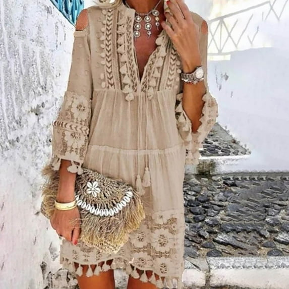 ELFINDEA Dresses for women 2024 Fashion Three-quarter Sleeve Boho Dress Lace Tassel V-neck Mini Dress Khaki 4XL