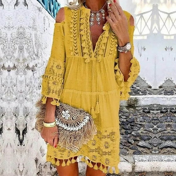 ELFINDEA Dresses for women 2024 Fashion Three-quarter Sleeve Boho Dress Lace Tassel V-neck Mini Dress Yellow S