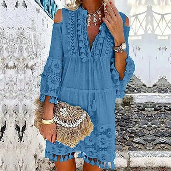 ELFINDEA Dresses for women 2024 Fashion Three-quarter Sleeve Boho Dress Lace Tassel V-neck Mini Dress Blue S