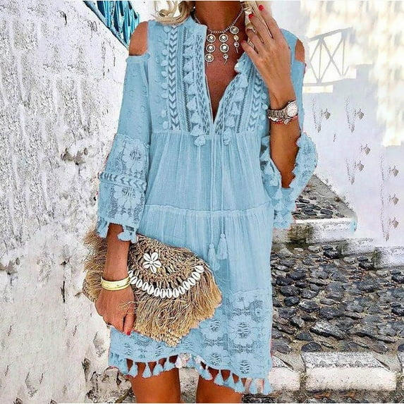 ELFINDEA Dresses for women 2024 Fashion Three-quarter Sleeve Boho Dress Lace Tassel V-neck Mini Dress Light Blue 4XL