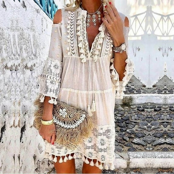 ELFINDEA Dresses for women 2024 Fashion Three-quarter Sleeve Boho Dress Lace Tassel V-neck Mini Dress White 5XL