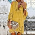 thumbnail image 1 of ELFINDEA Dresses for women 2024 Fashion Three-quarter Sleeve Boho Dress Lace Tassel V-neck Mini Dress Yellow M, 1 of 1