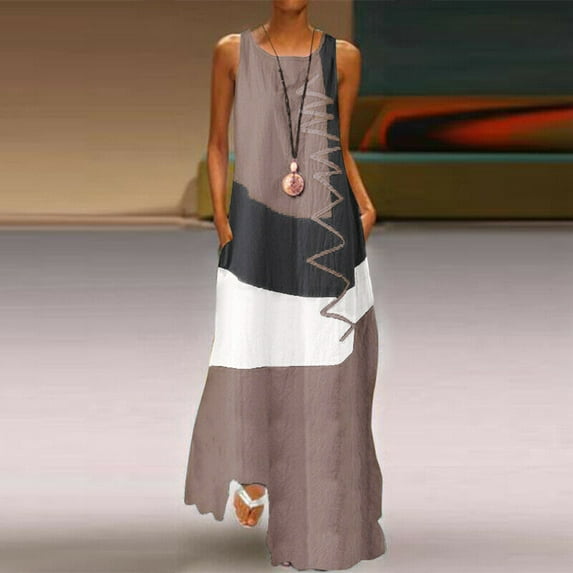 ELFINDEA Dresses for women 2024 Plus Size Daily Sleeveless Vintage Patchwork Bohemian Maxi Dress Khaki 3X