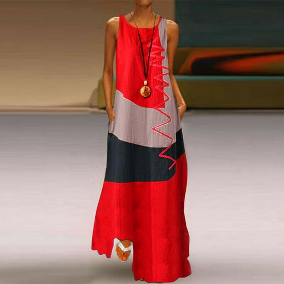 ELFINDEA Dresses for women 2024 Plus Size Daily Sleeveless Vintage Patchwork Bohemian Maxi Dress Orange L