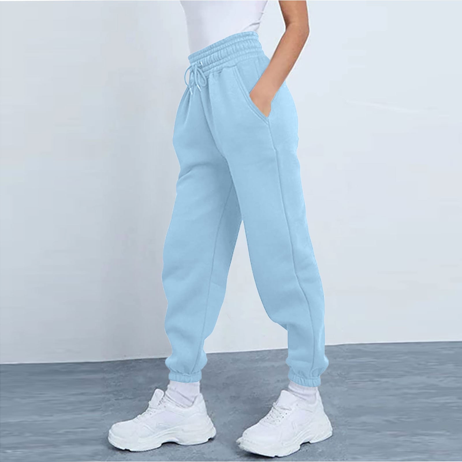 ELFINDEA Lounge Pants Women Fashion Sport Solid Color Drawstring Pocket  Casual Sweatpants Pants Light Blue XL 