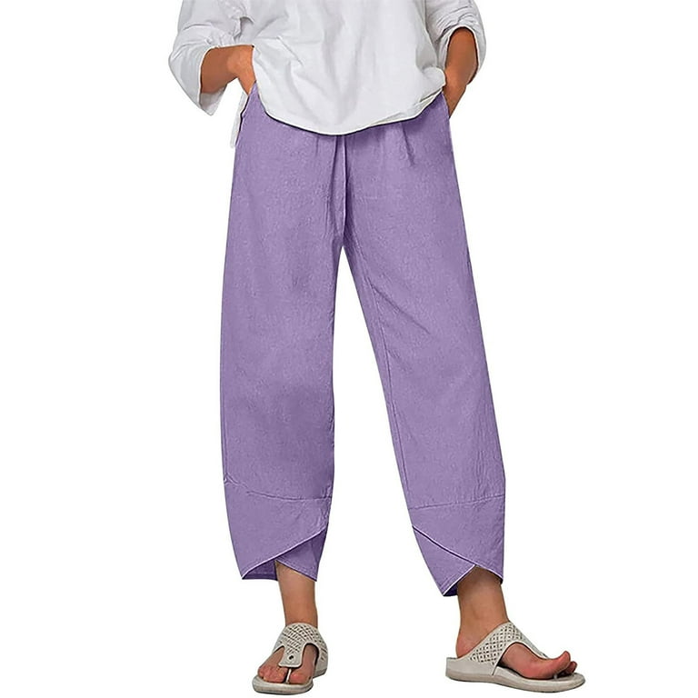 ELFINDEA Lounge Pants Women Summer Casual Loose Cotton and Linen  Embroidered Wide-leg Pants Purple XL