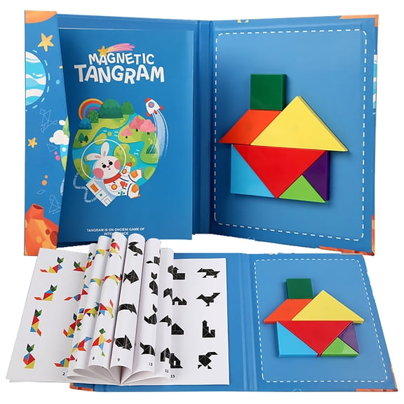 ELFINDEA Magnetic Wooden Tangram Set, learning toys for Shape Sorting, Skill Building Kit for Early Cognitive Development (Blue)