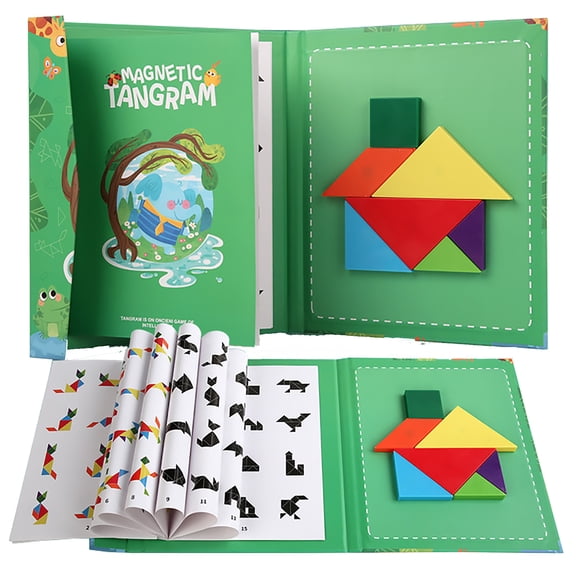 ELFINDEA Magnetic Wooden Tangram Set, learning toys for Shape Sorting, Skill Building Kit for Early Cognitive Development (Green)