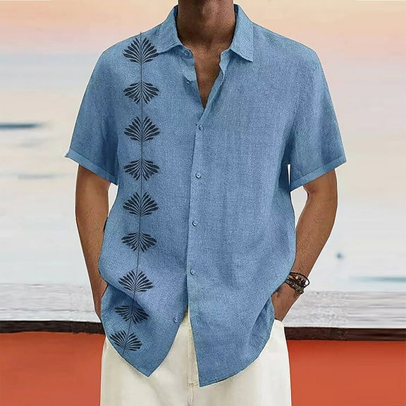 ELFINDEA Mens Shirts Designer Spring Summer Men's Casual Cotton Linen Solid Color Short Sleeve Shirts Loose Shirts Blue 4XL